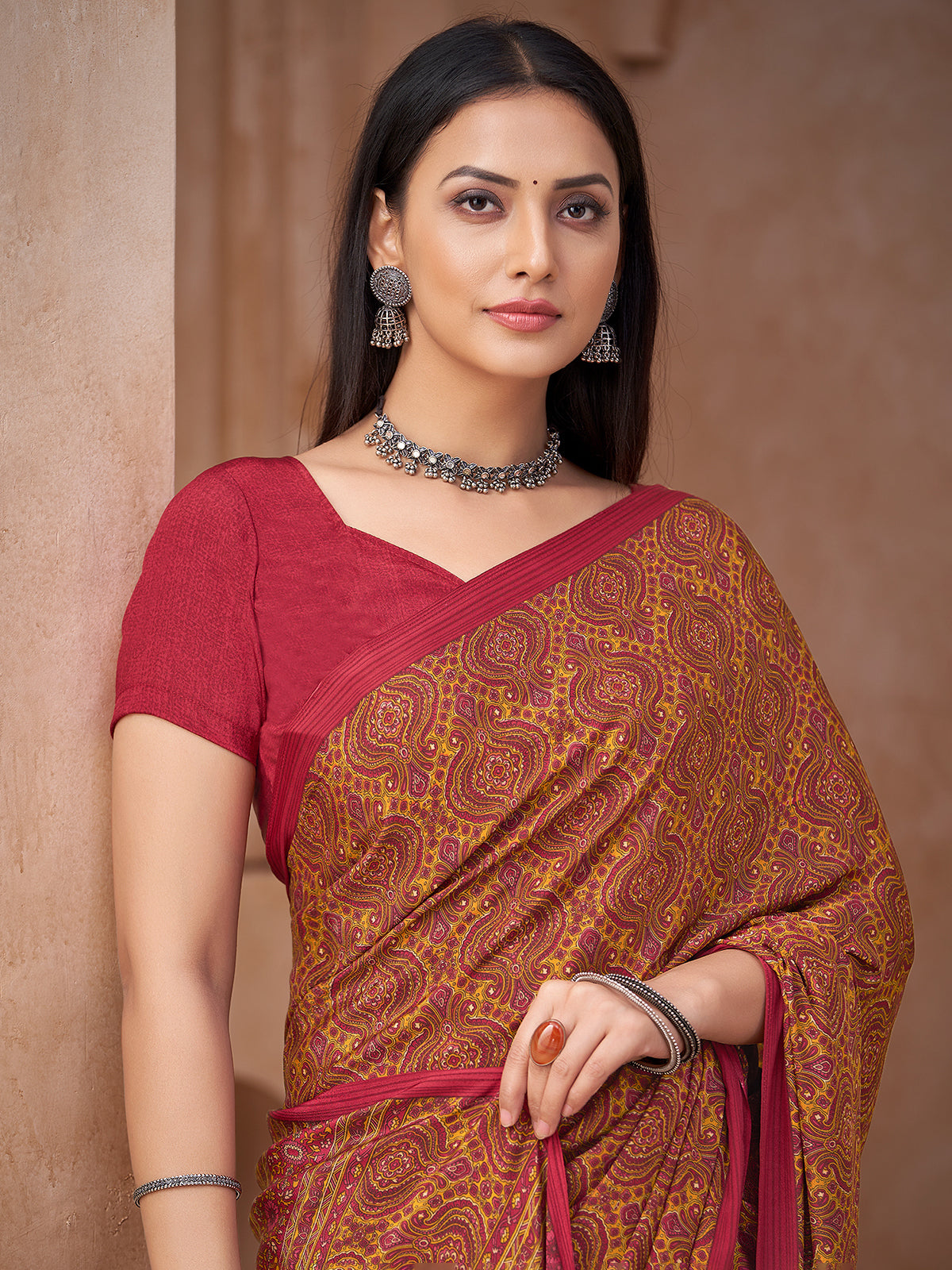 Mustard printed crepe silk saree