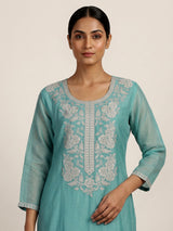 Aqua blue women floral zari kurti set