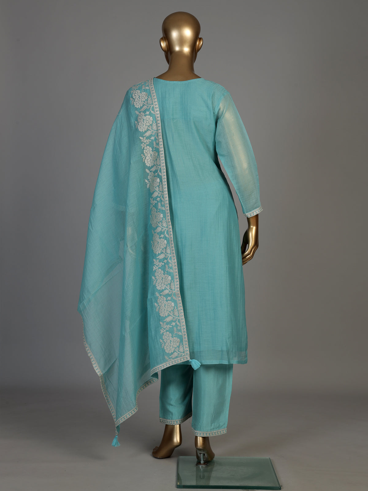 Aqua blue women floral zari kurti set