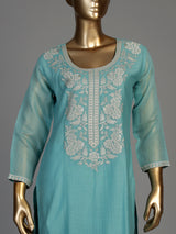 Aqua blue women floral zari kurti set