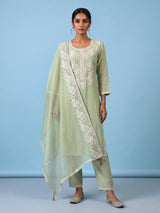 Green women floral zari kurti set