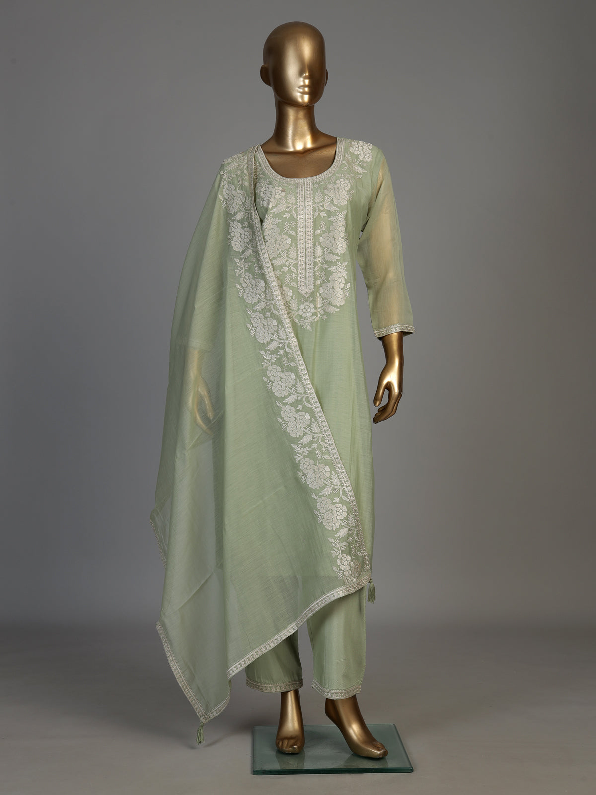 Green women floral zari kurti set