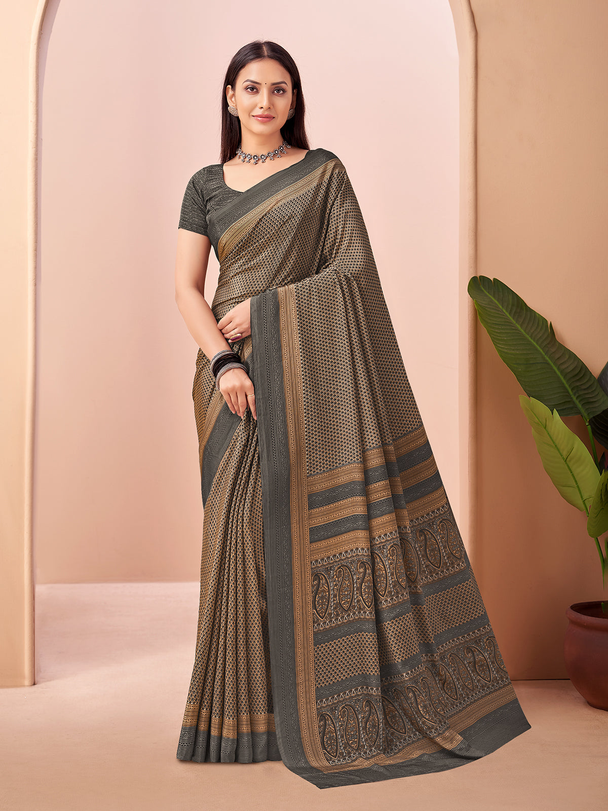 Black printed crepe silk saree for women