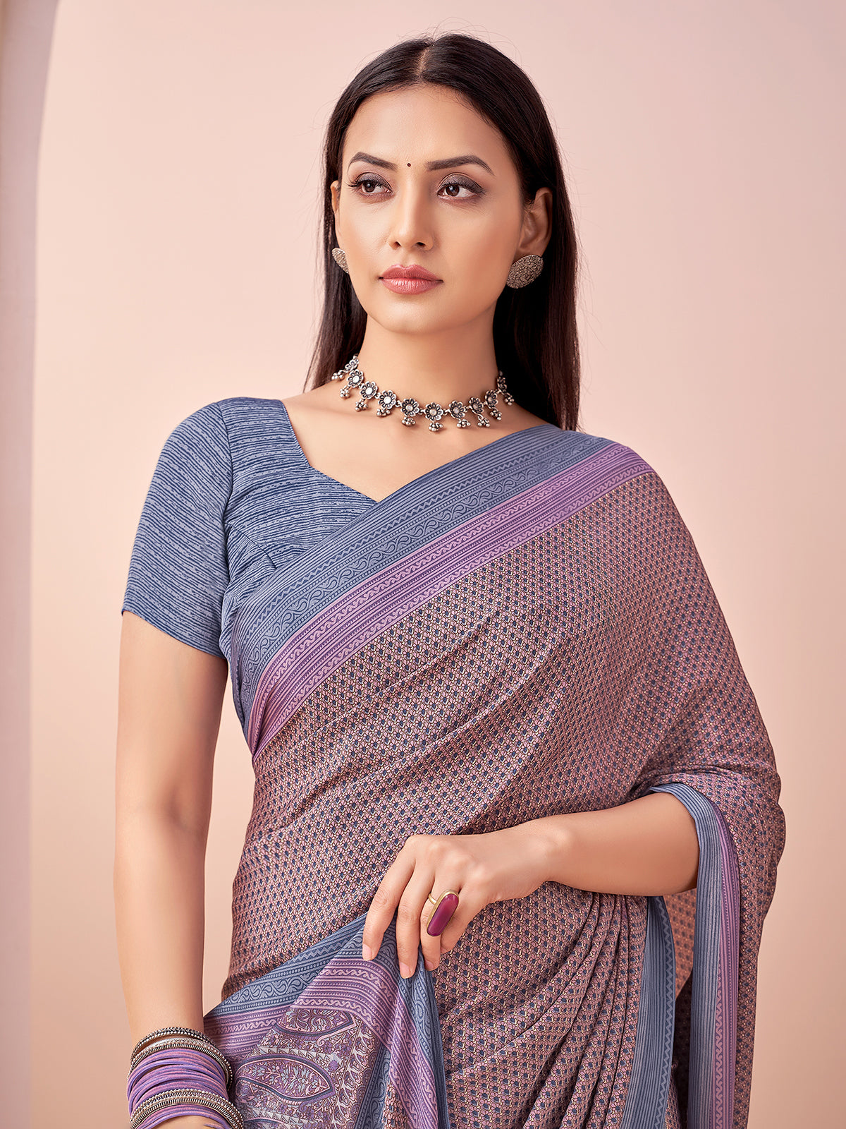 Purple printed casual crepe silk saree with unstitched blouse