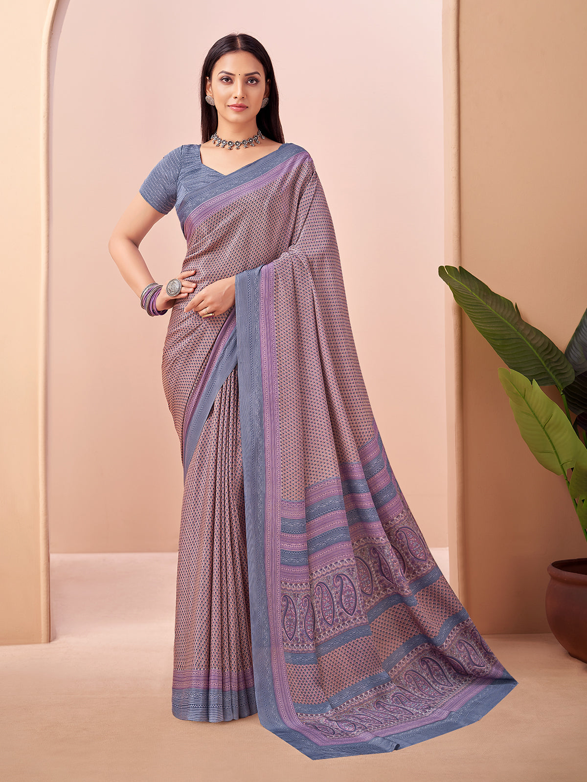 Purple printed casual crepe silk saree with unstitched blouse