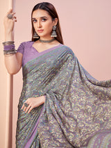 Lavender printed casual crepe silk saree with unstitched blouse