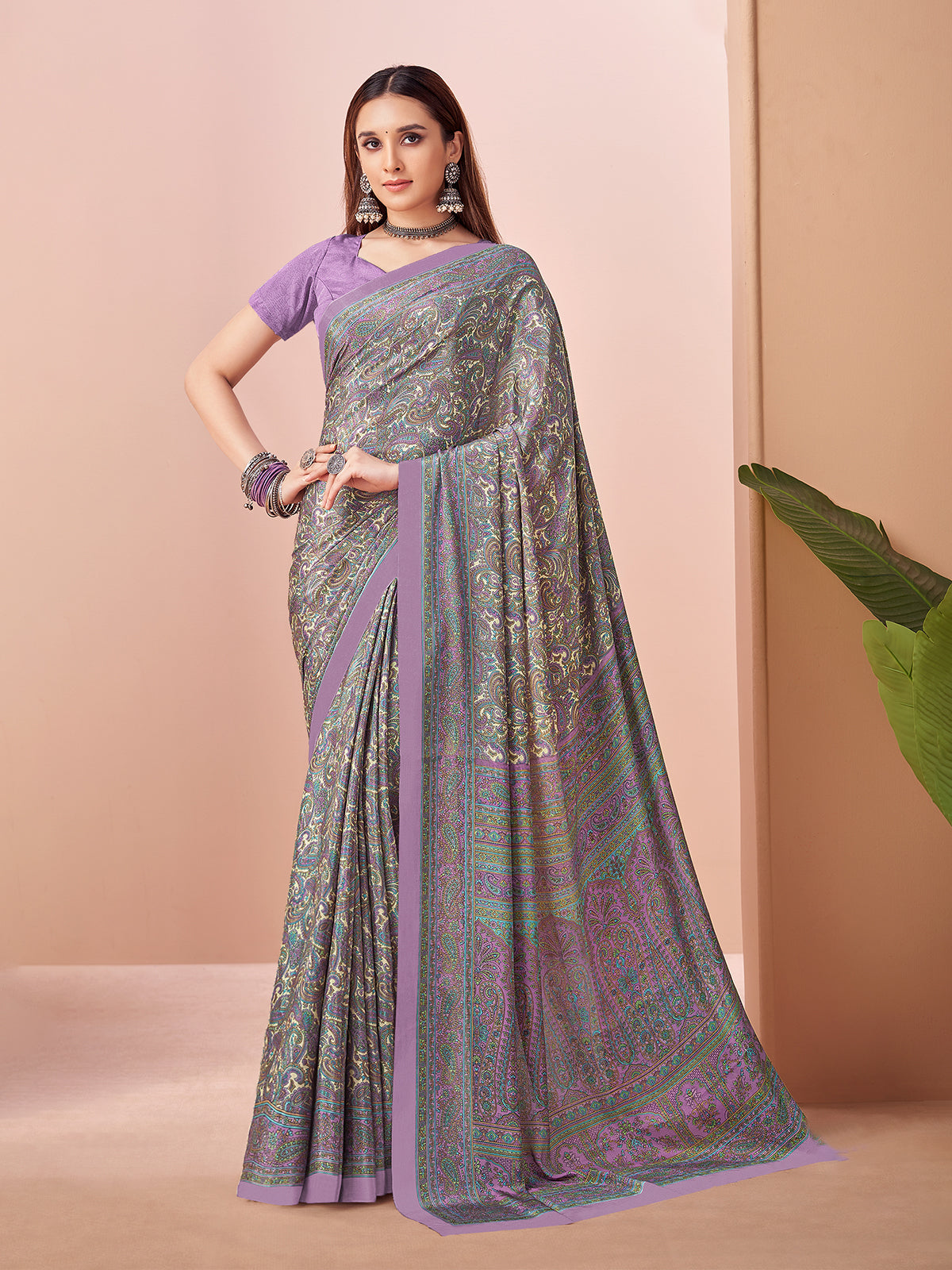 Lavender printed casual crepe silk saree with unstitched blouse
