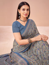 Stone blue printed crepe silk saree with unstitched blouse