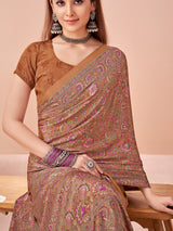 Brown printed casual crepe silk saree with unstitched blouse