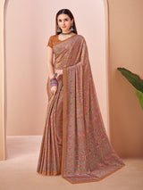 Brown printed casual crepe silk saree with unstitched blouse