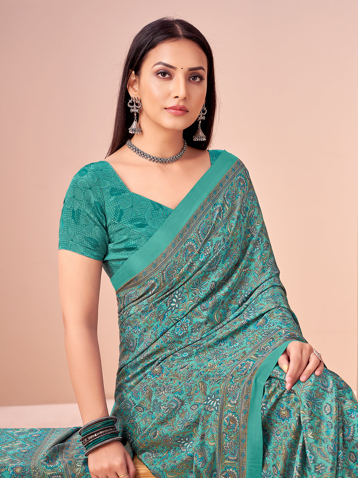 Rama blue printed crepe silk saree with unstitched blouse