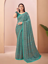 Rama blue printed crepe silk saree with unstitched blouse