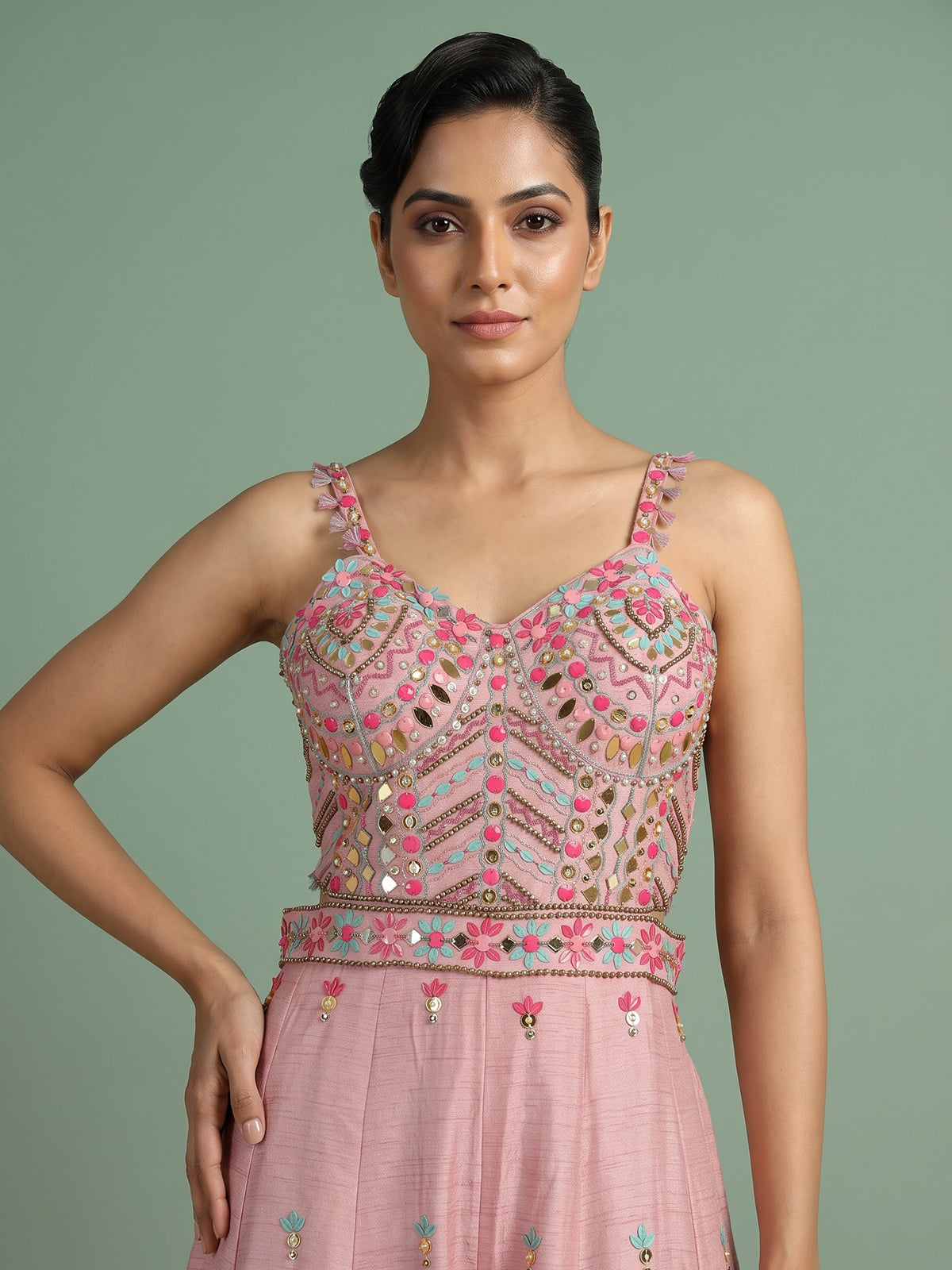 Pink women embroidered leheriya jumpsuit indo western