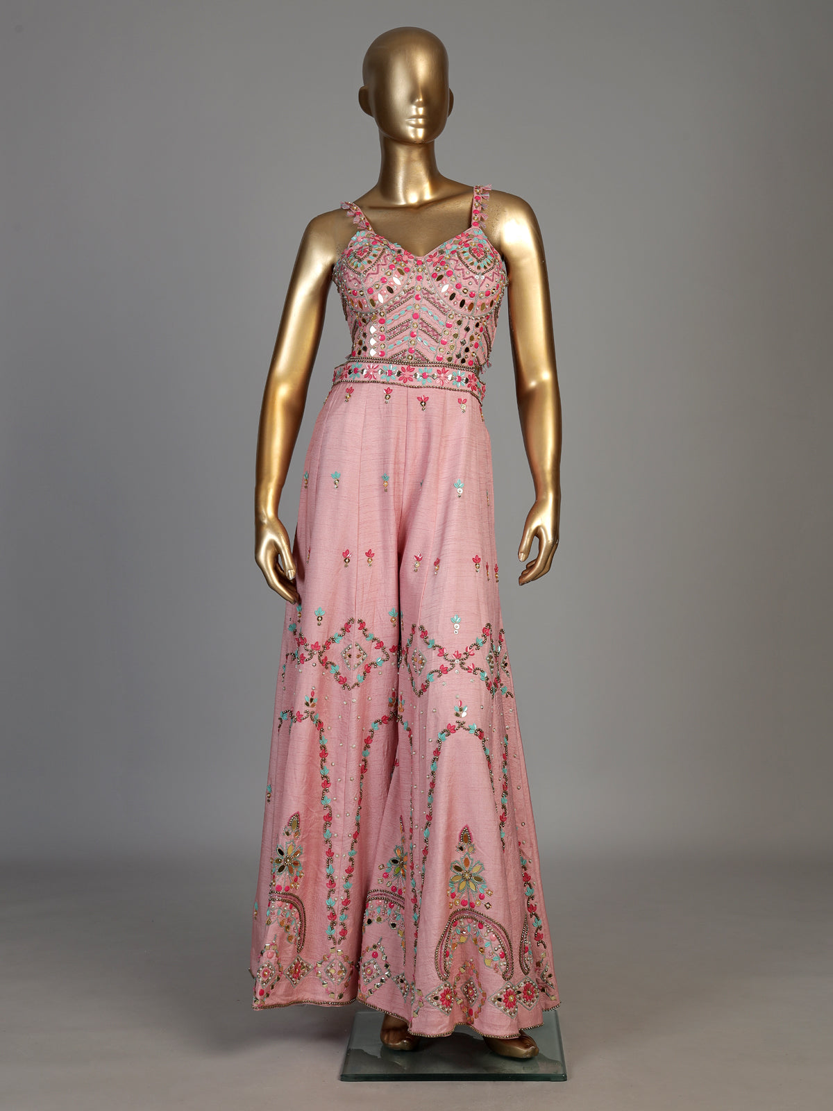 Pink women embroidered leheriya jumpsuit indo western