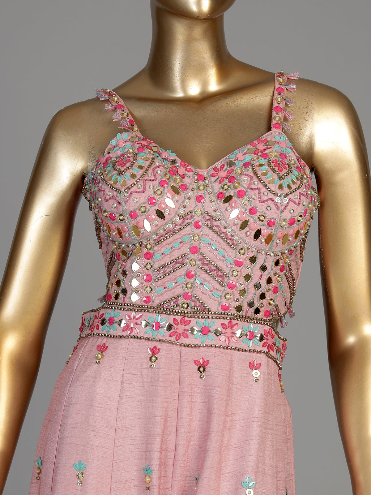 Pink women embroidered leheriya jumpsuit indo western
