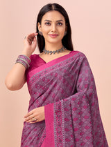 Pink bandhani printed crepe silk saree with unstitched blouse