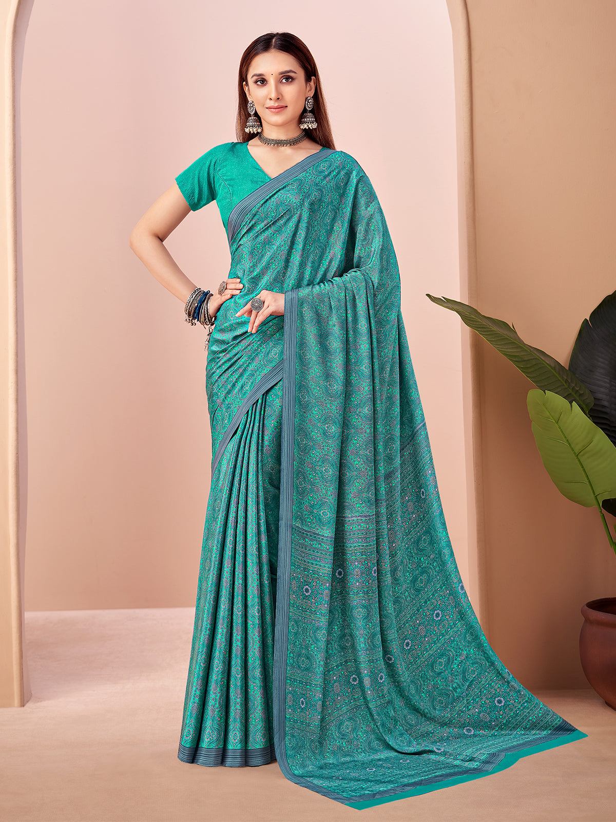 Rama green printed casual crepe silk saree with unstitched blouse
