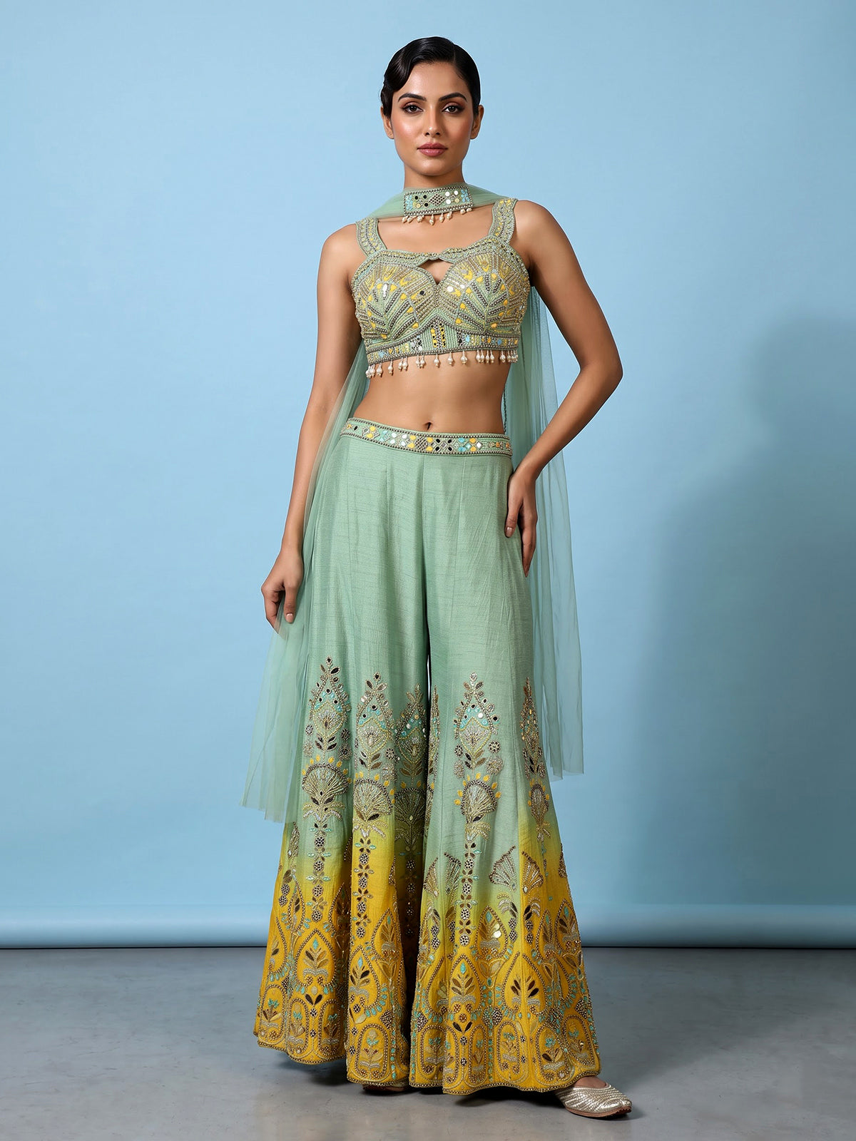 Green women shaded embellished palazzo suit