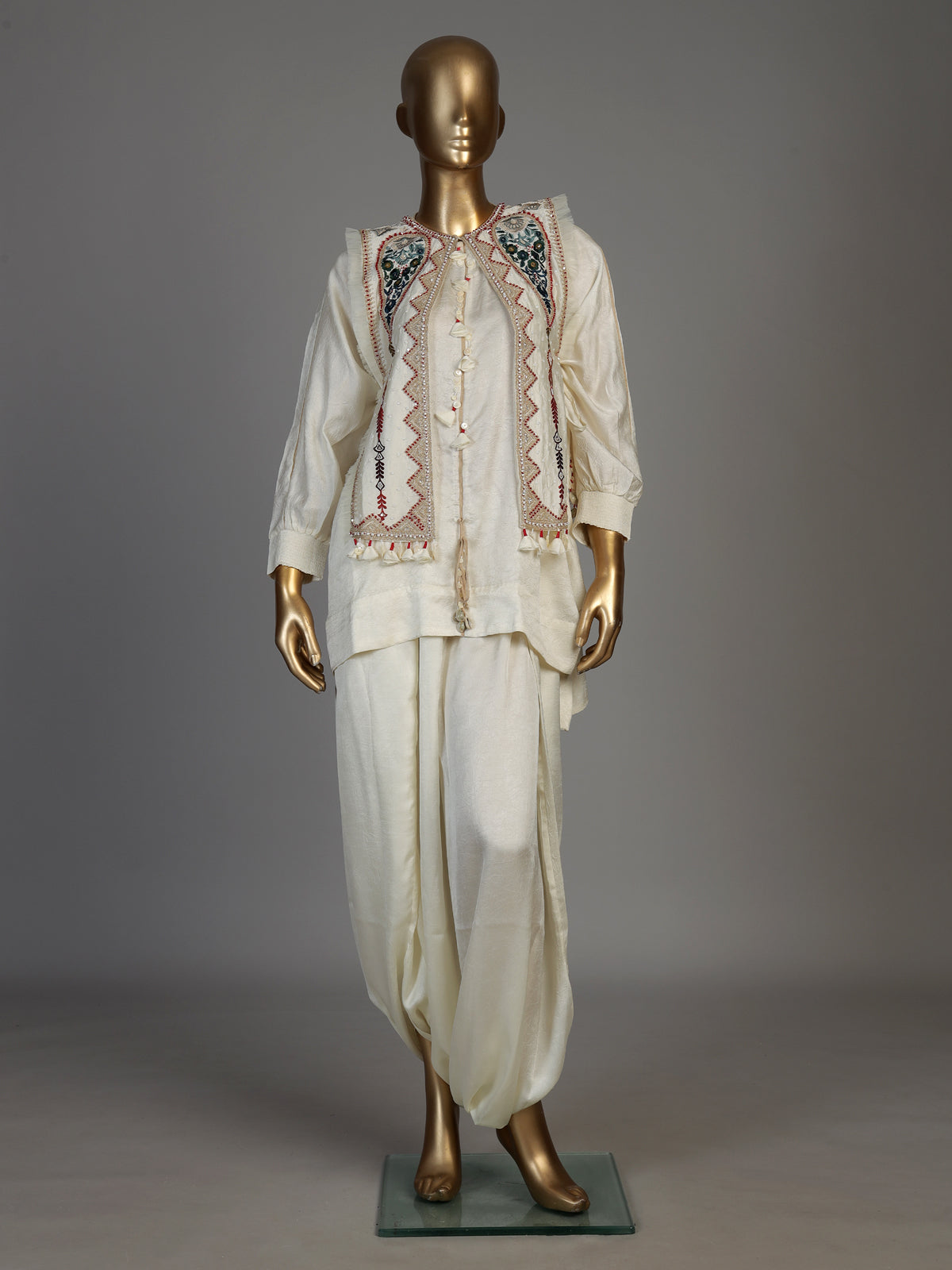 White women embellished jacket dhoti indo western