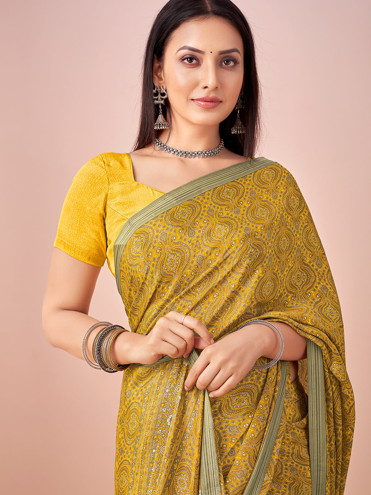 Mustard yellow printed casual crepe silk saree with unstitched blouse