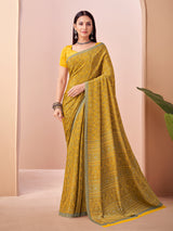 Mustard yellow printed casual crepe silk saree with unstitched blouse