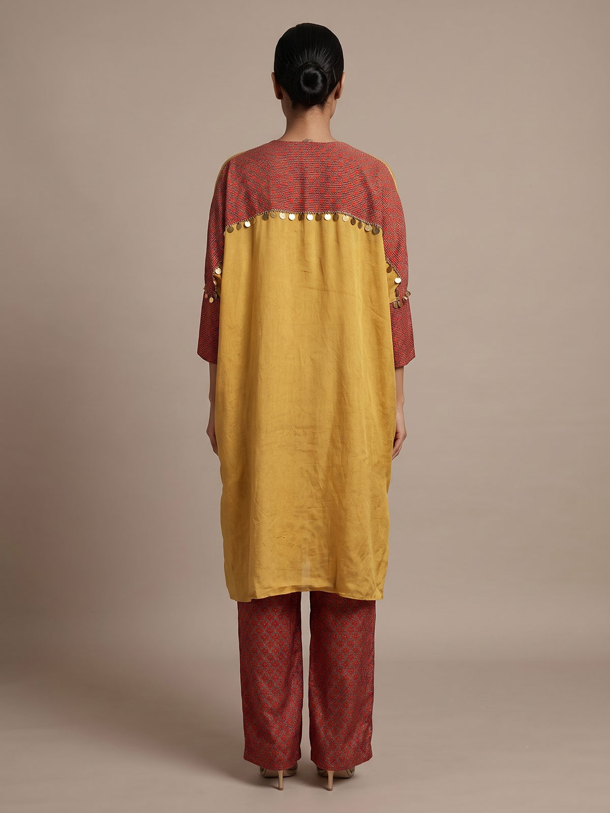 Mustard yellow women embroidered tussar silk pant suit