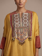 Mustard yellow women embroidered tussar silk pant suit