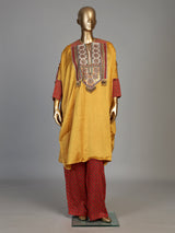 Mustard yellow women embroidered tussar silk pant suit