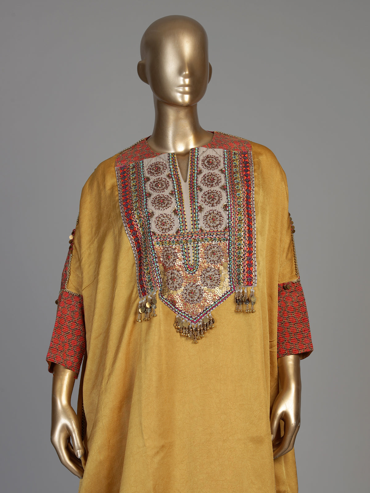 Mustard yellow women embroidered tussar silk pant suit
