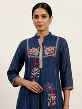Navy blue women floral threadwork pant suit