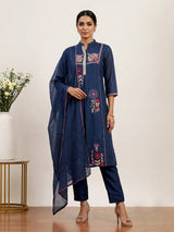 Navy blue women floral threadwork pant suit