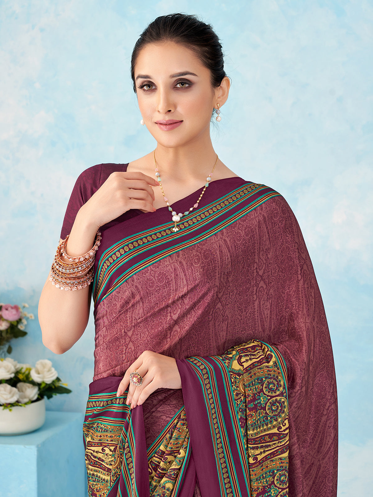 Wine printed crepe silk saree with unstitched blouse