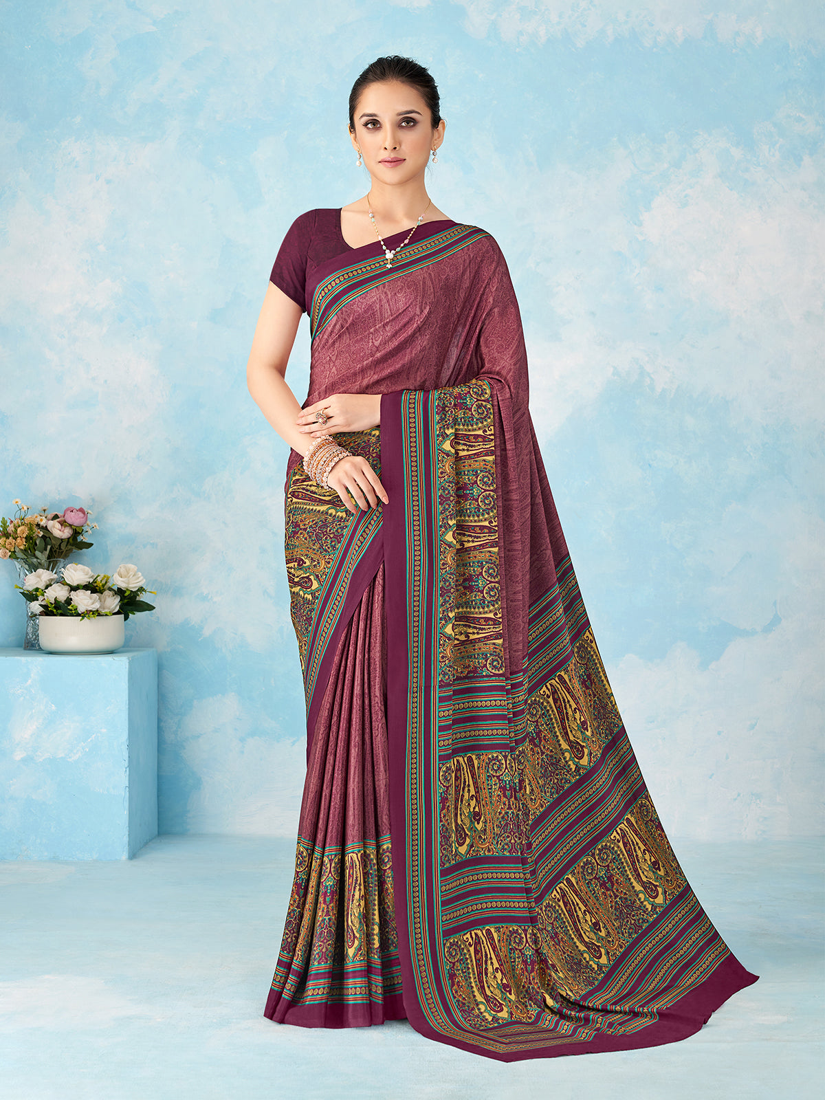 Wine printed crepe silk saree with unstitched blouse