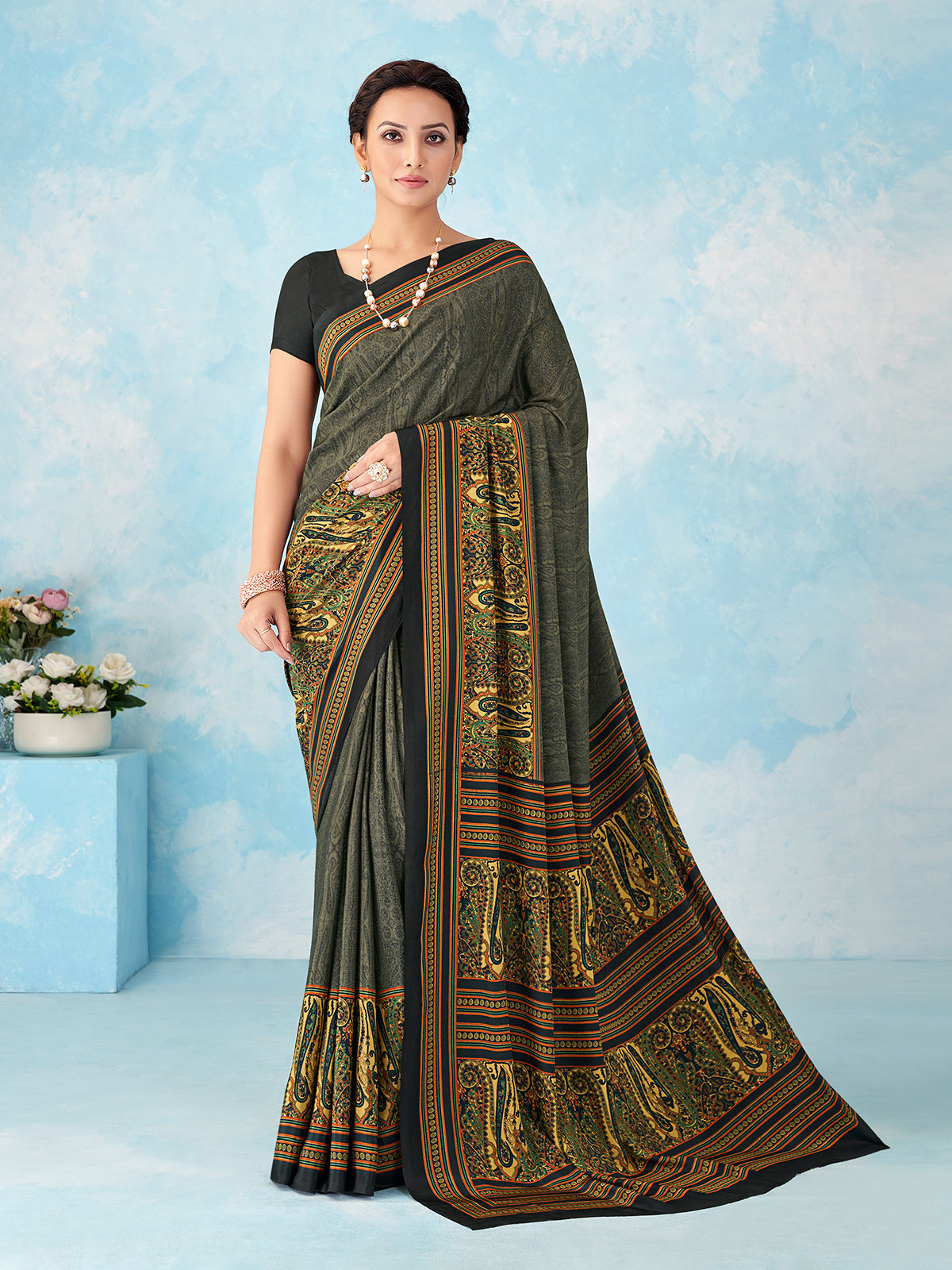 Black printed crepe silk saree for casual