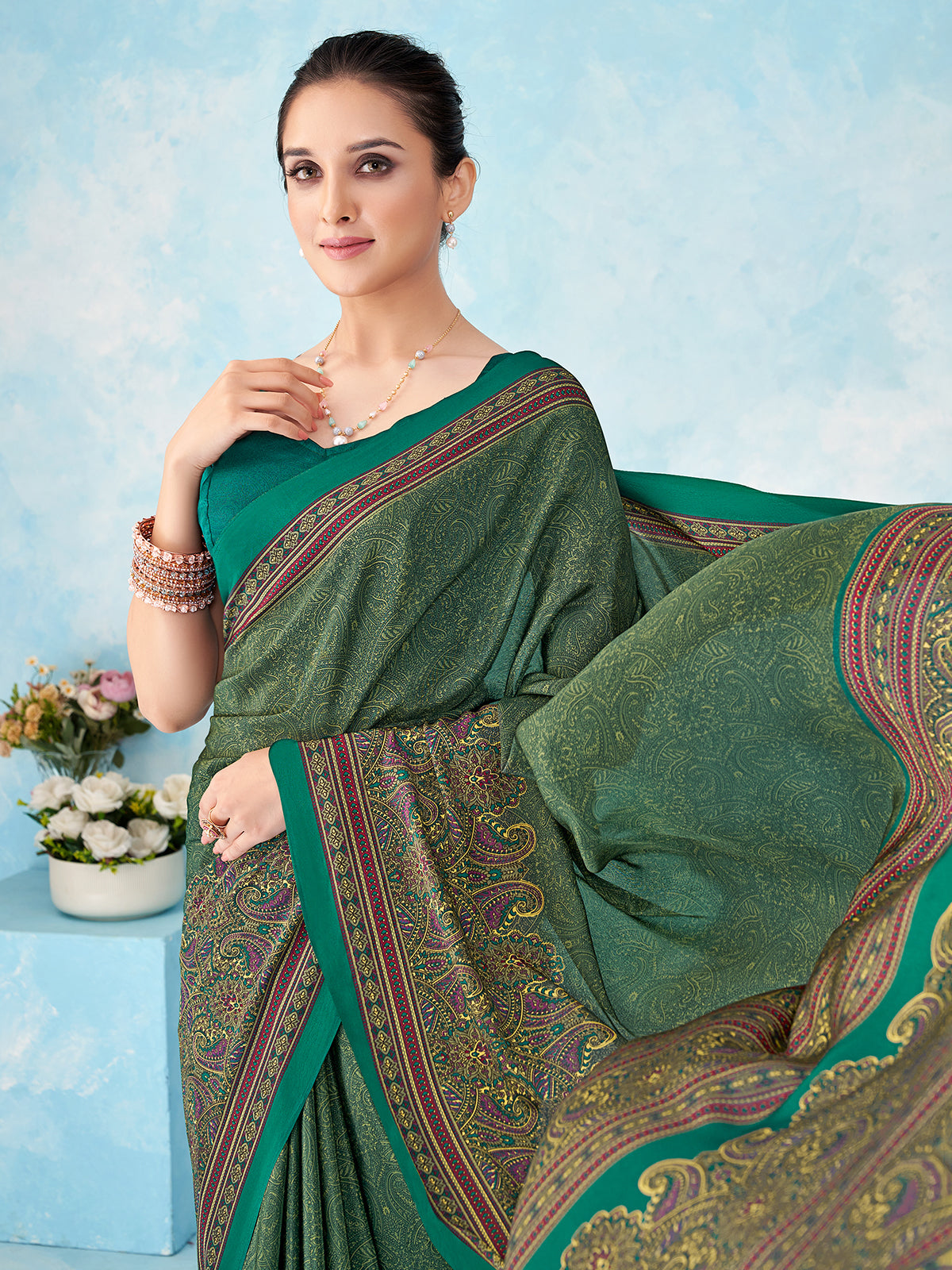 Rama blue designer crepe silk saree