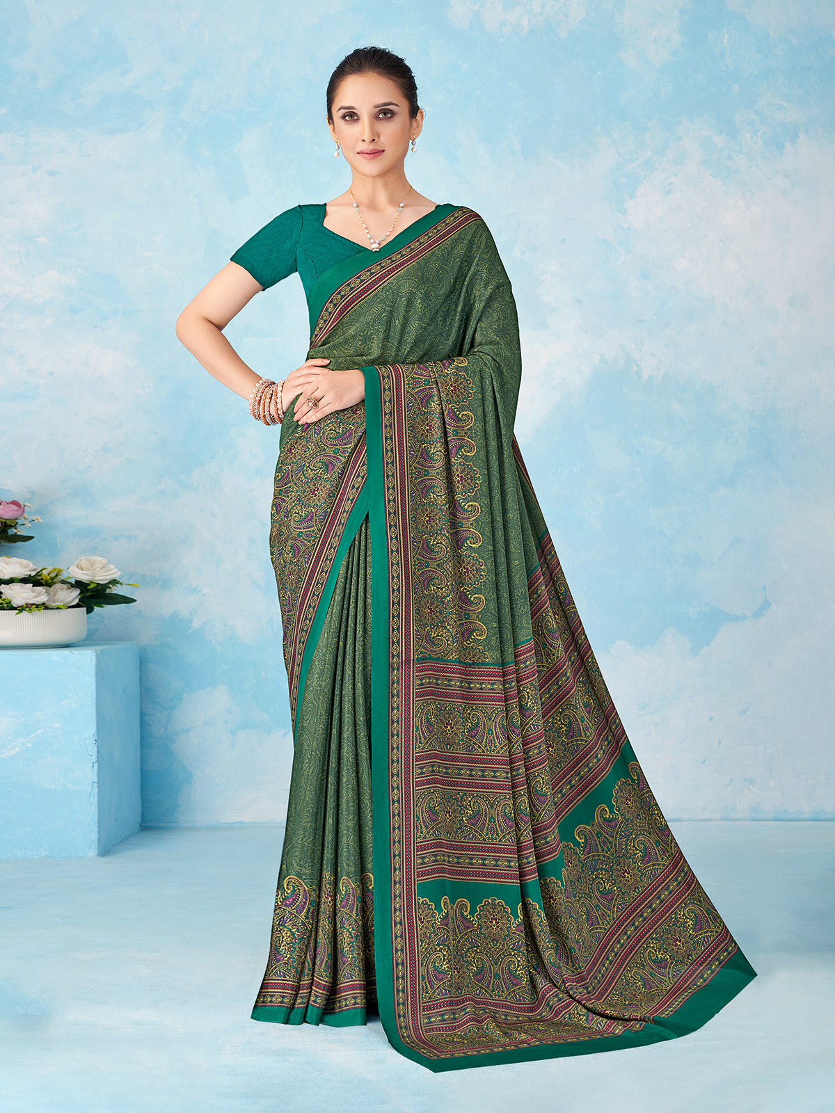 Rama blue designer crepe silk saree