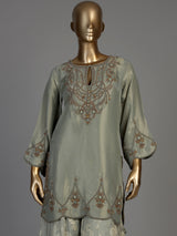 Pastel green women gold floral sharara suit