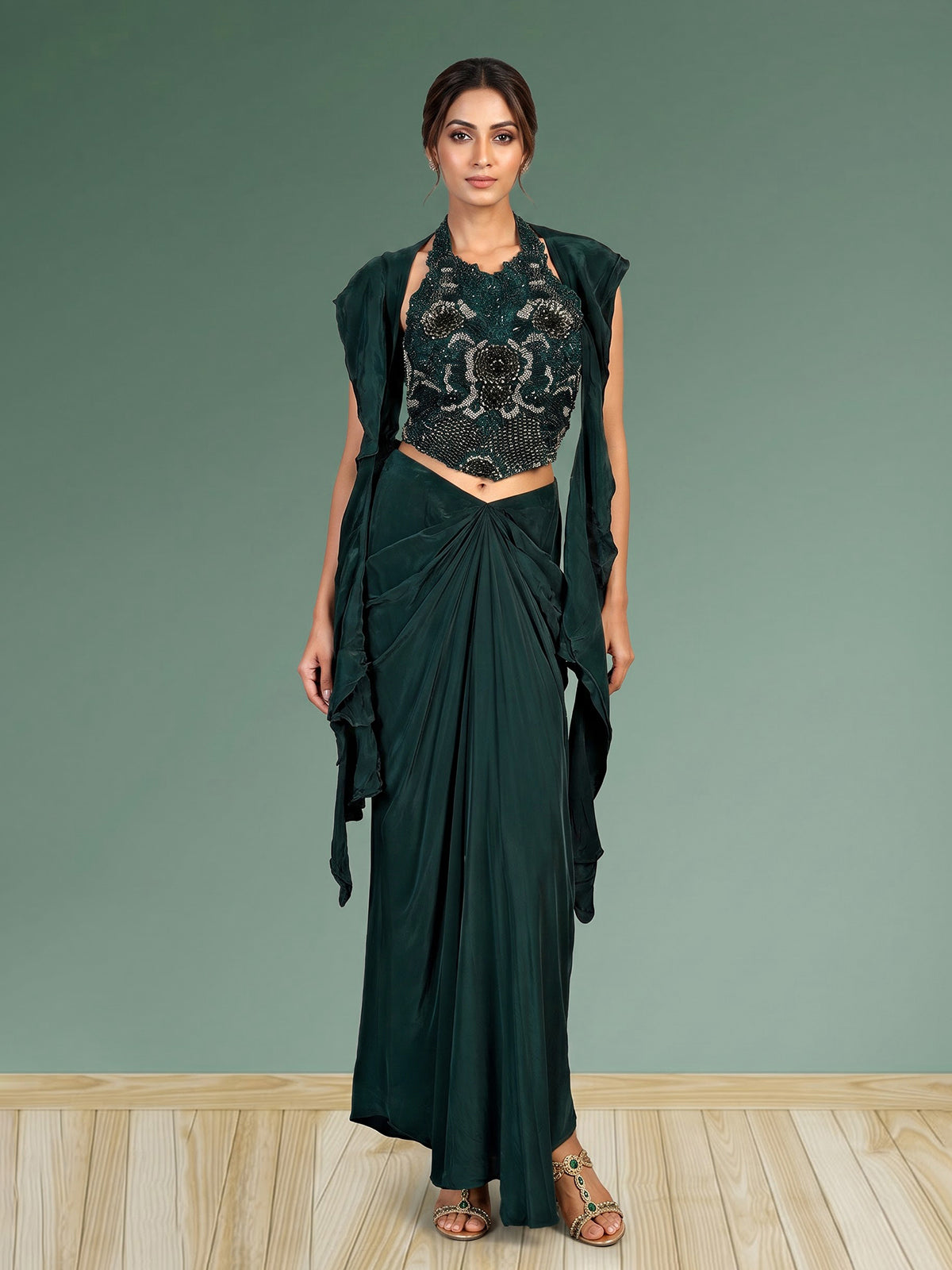 Green women designer cowl skirt indo western