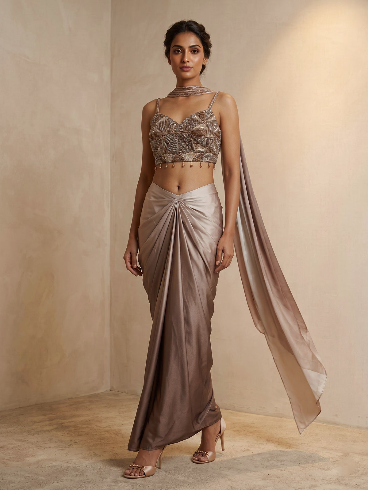 Silver brown women shaded cowl skirt indo western