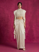 White women pearl embellished ruffled shrug indo western