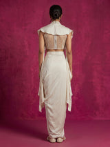 White women pearl embellished ruffled shrug indo western