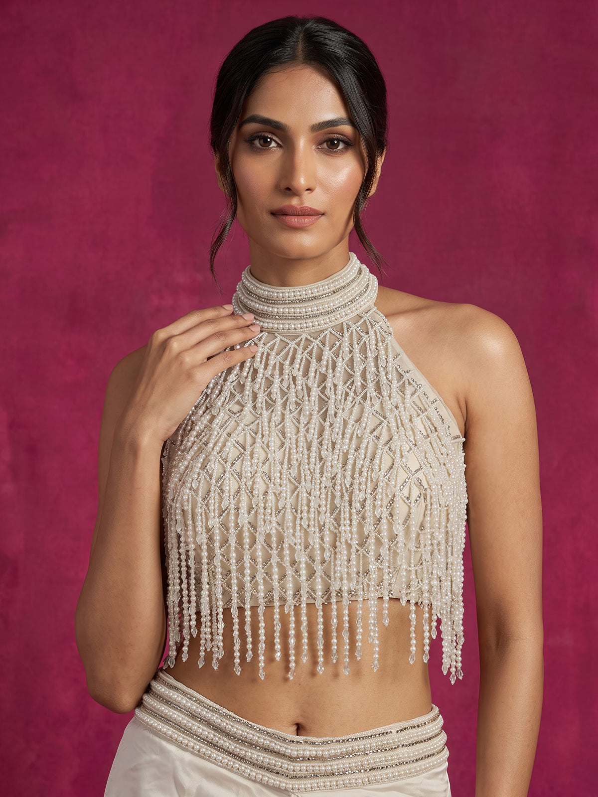 White women pearl embellished ruffled shrug indo western