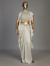 White women pearl embellished ruffled shrug indo western