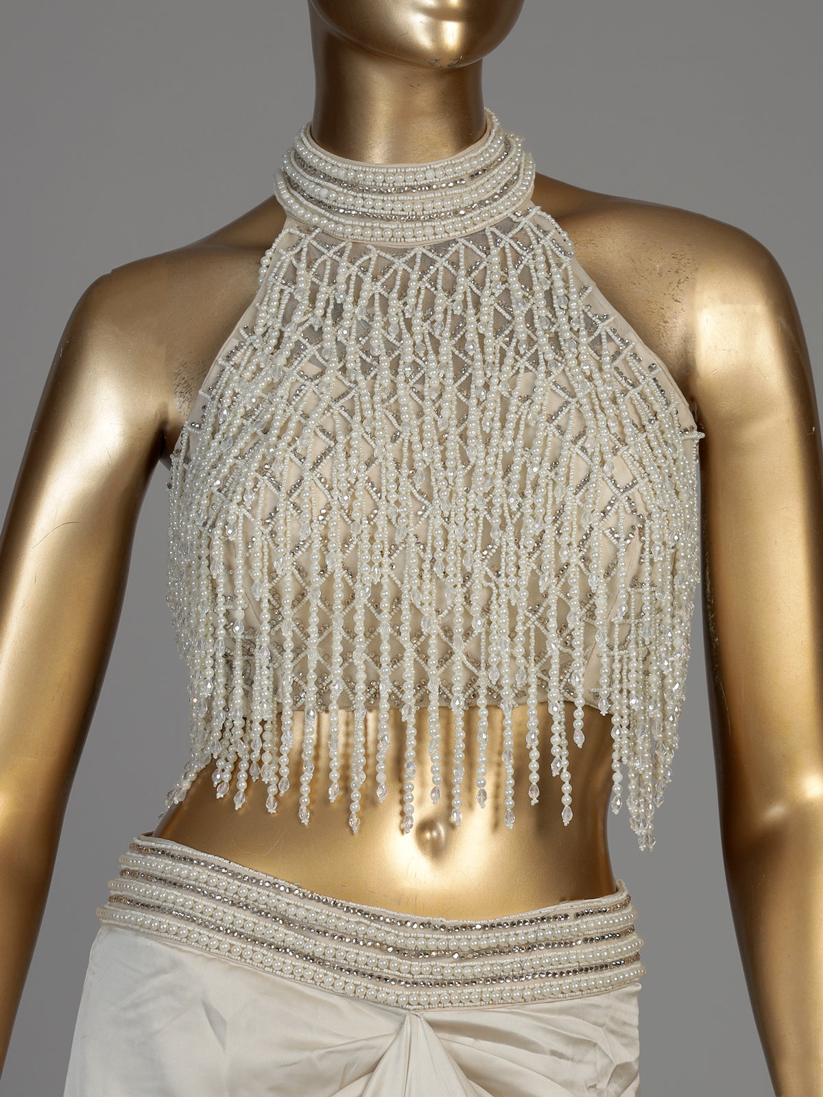 White women pearl embellished ruffled shrug indo western