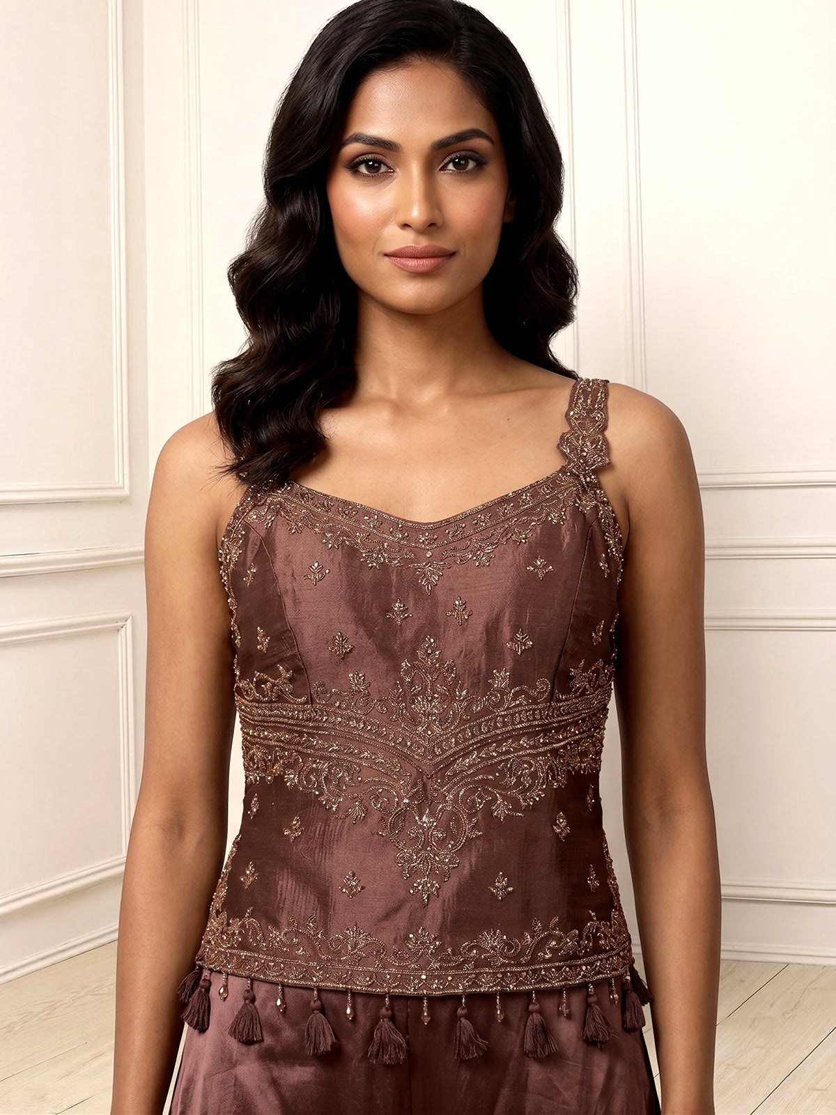 Brown women traditional medallion sharara suit