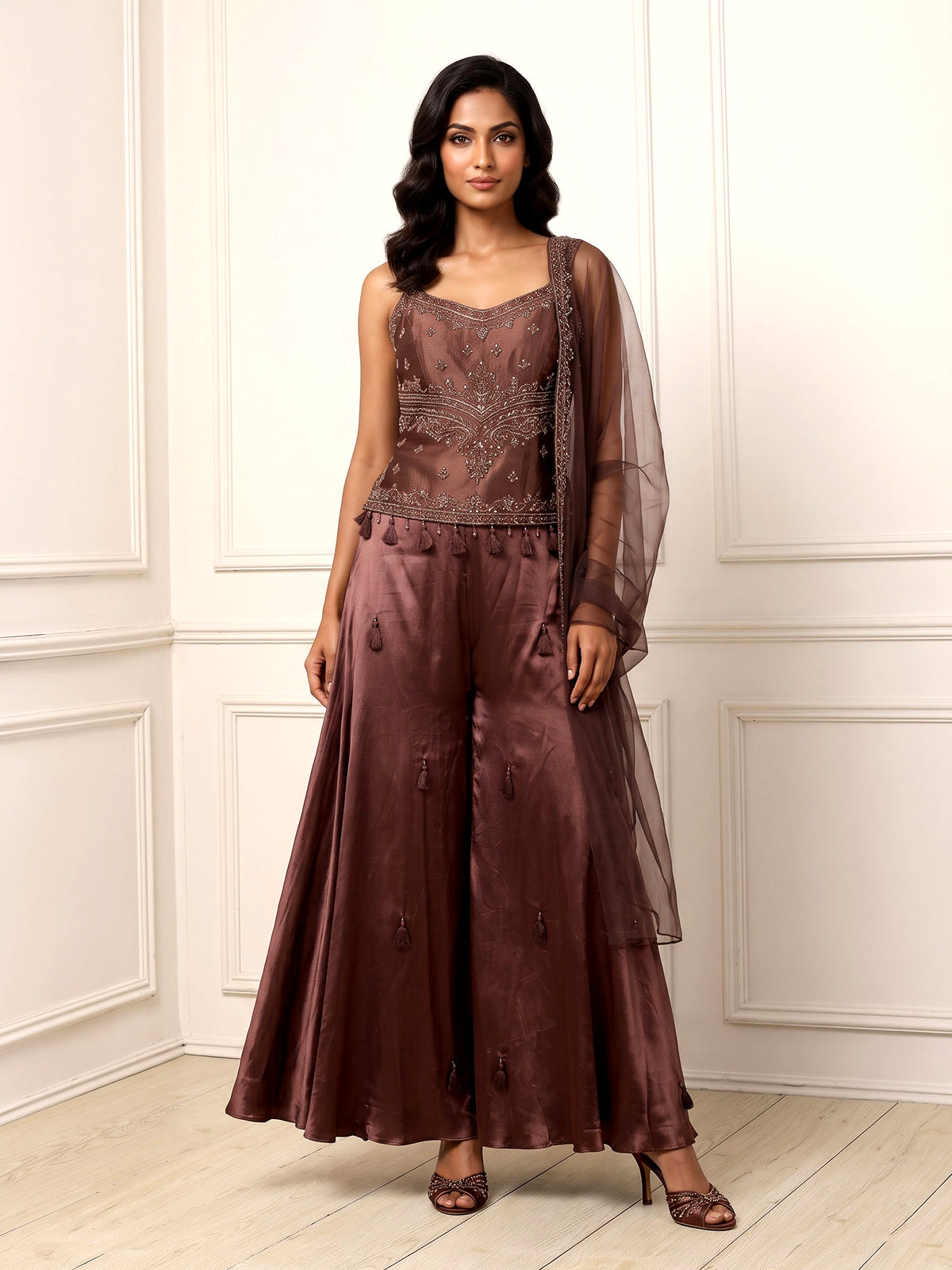 Brown women traditional medallion sharara suit