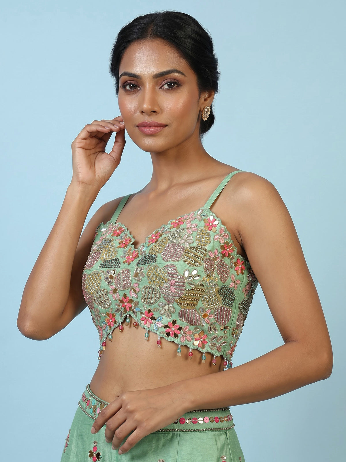 Pista green women jharokha embellished sharara suit
