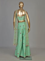 Pista green women jharokha embellished sharara suit
