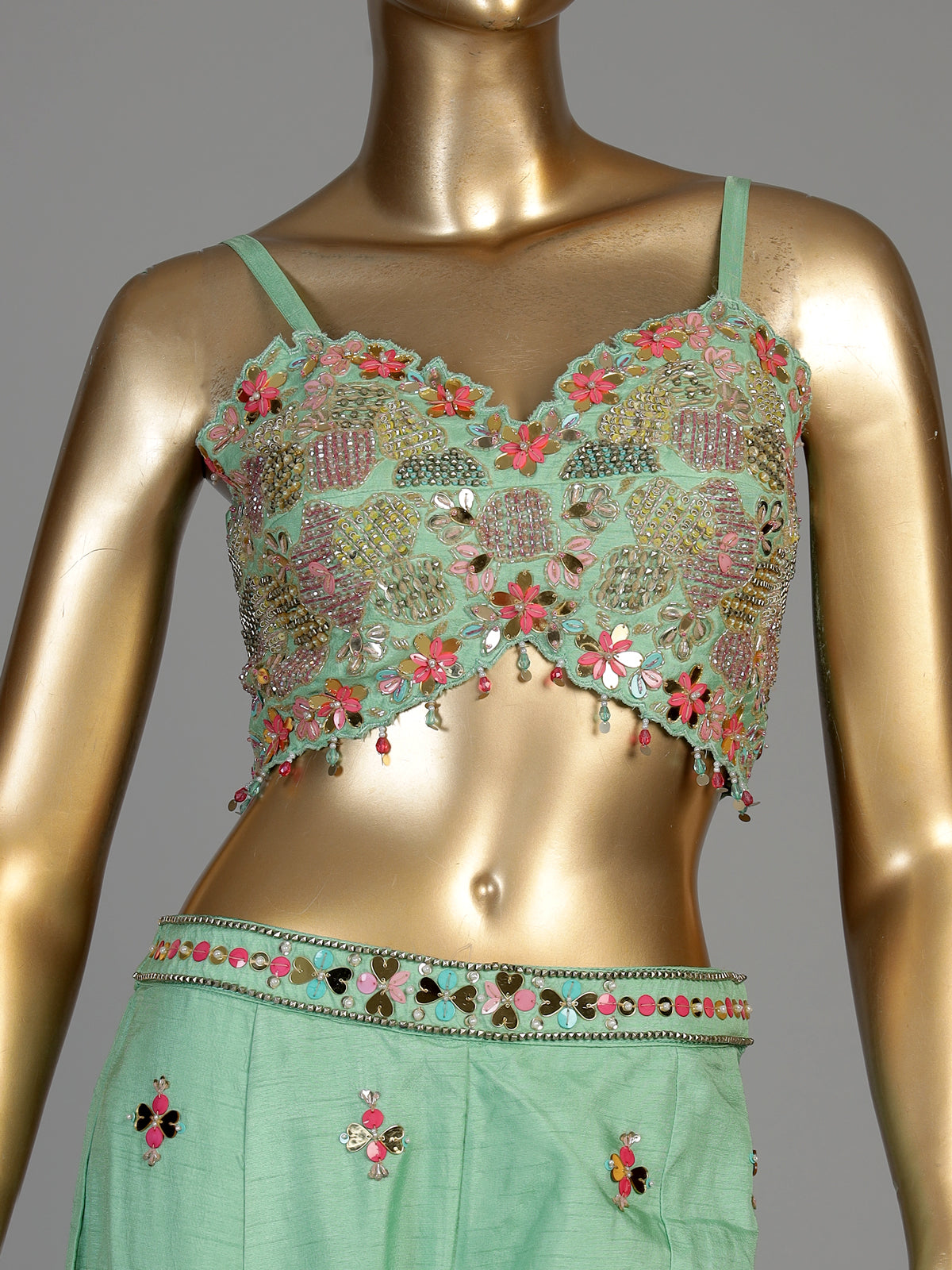 Pista green women jharokha embellished sharara suit