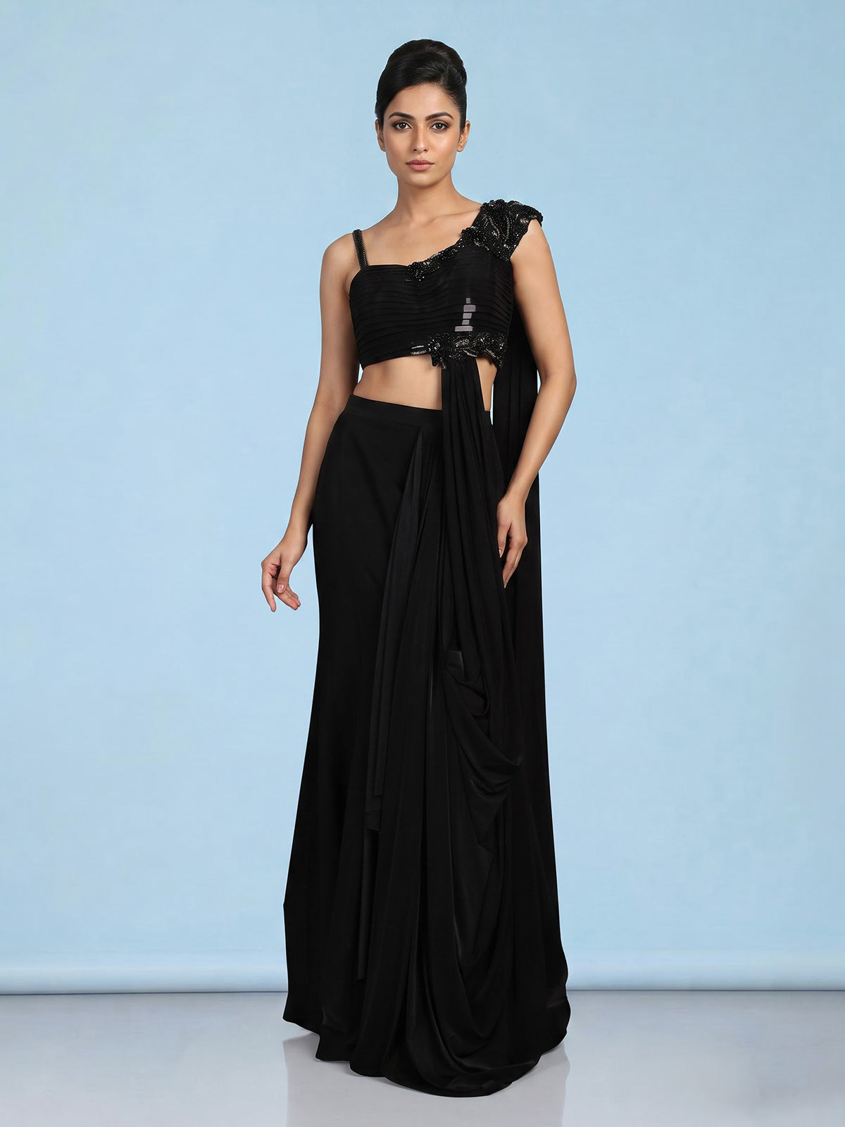 Black women sculpted glam ready to wear saree